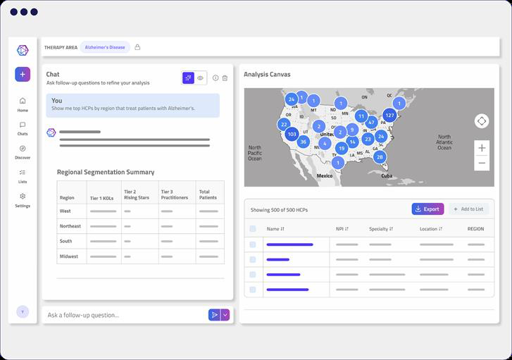 Analysis Canvas with natural language chat and geographic KOL mapping